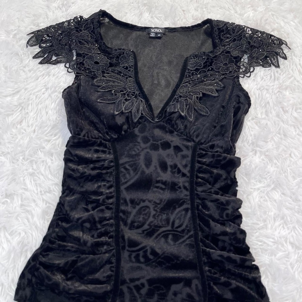 y2k black velour floral lace v neck top small - Picture 3 of 8